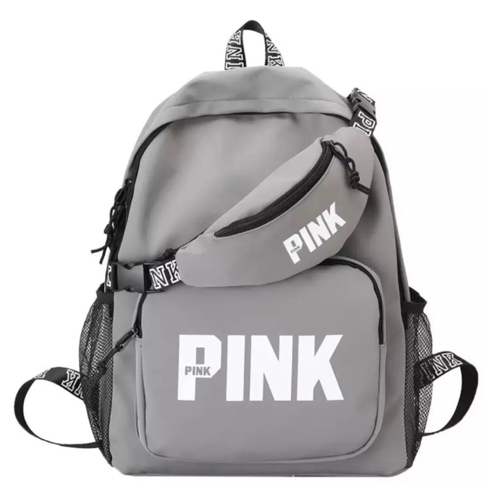🆕 Gray w/“PINK” Backpack bag and Waist Bag
